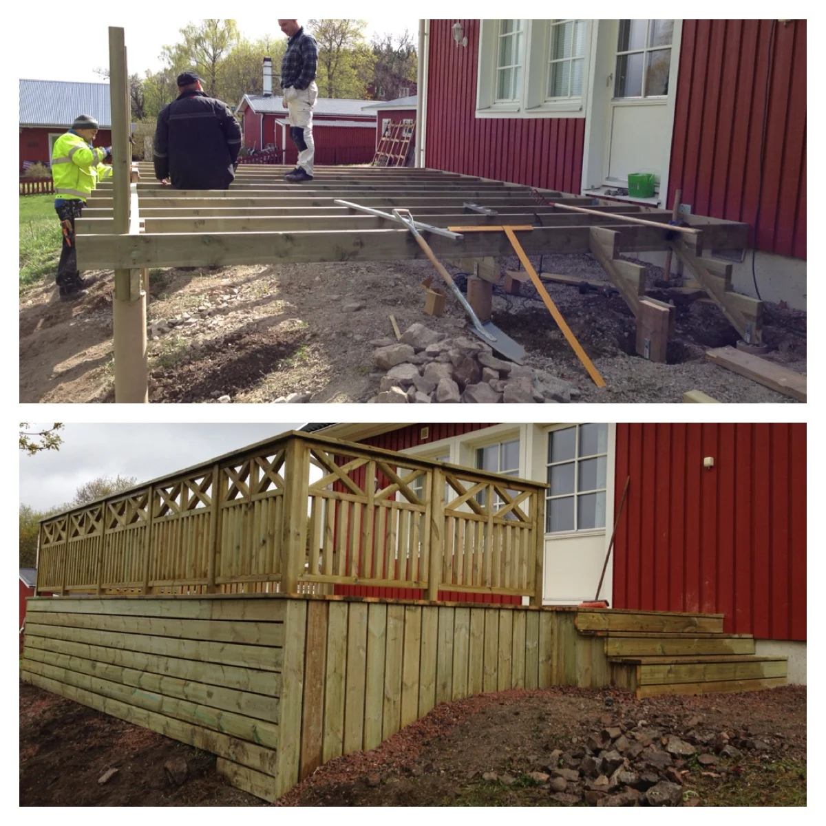 Före- och efterbild på altanbygge – från stomresning till färdig rymlig träaltan med räcke och trappor.