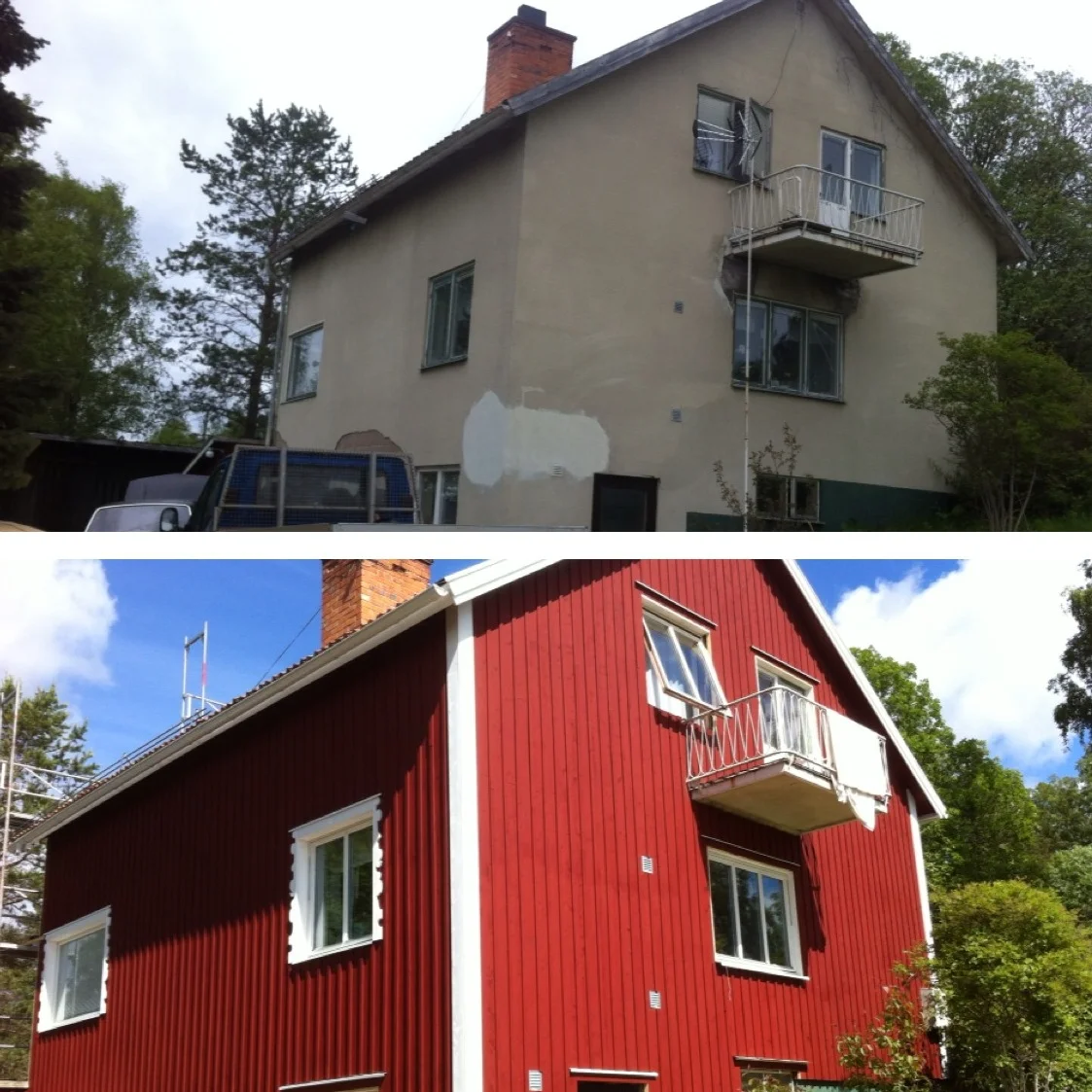 Före- och efterbild på fasadrenovering – från putsad och sliten fasad till ny röd träpanel med vita snickerier.