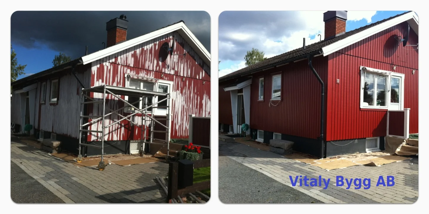 Före- och efterbild på fasadrenovering av villa i träpanel – från avflagnad färg till nymålad röd fasad med vita knutar, utförd av Vitaly Bygg AB.