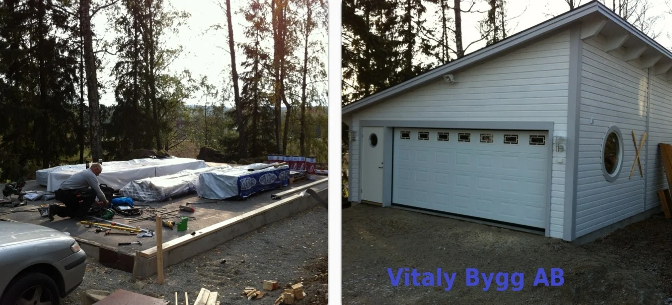 Före- och efterbild på garagebyggnation – från grundläggning till färdigbyggt vitt garage med elektrisk port och runt fönster, byggt av Vitaly Bygg AB.