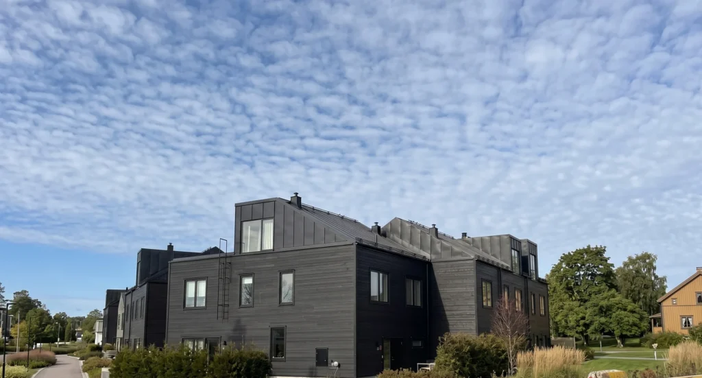Svart plåttak på nyproduktions parhus